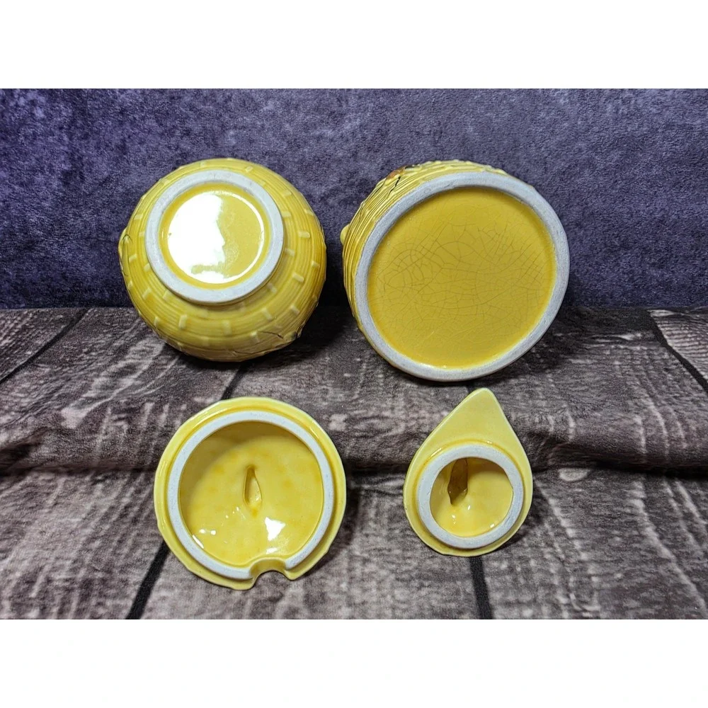 Vintage Yellow Beehive Ceramic Sugar Bowl and Creamer Set with Bees Skep Design‎